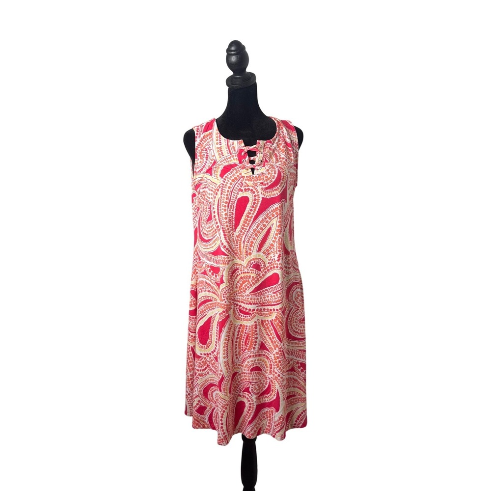 Chicos Pink White Paisley Lace Up Shift Dress Womens M Mosaic Shelley Sleeveless